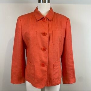 Talbots Orange Blazer Jacket Irish Linen‎ Collared Button Front Size 12 Pockets
